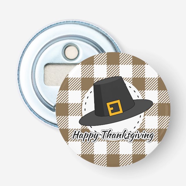 Abrebotellas Black Pilgrim Hat on Brown Plaid - Thanksgiving (Anverso)