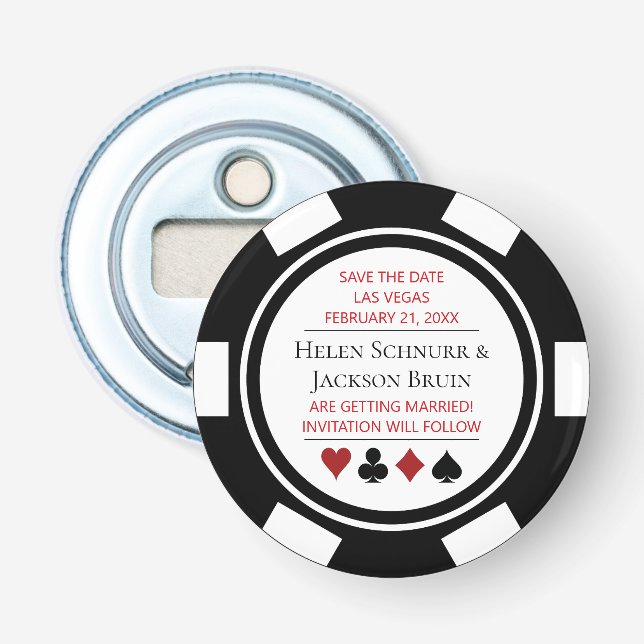 Abrebotellas Black White Poker Chip Save the Date Vegas Boda (Anverso)