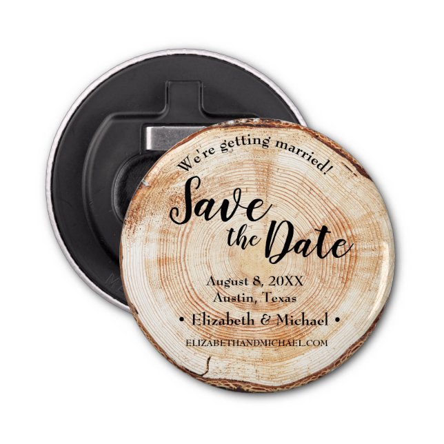 Abrebotellas Boda de disco Rustic Wood Cut Save the Date (Anverso)