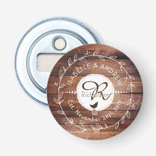 Abrebotellas Boda de Woodland Monograma Leaf Wreath Bird