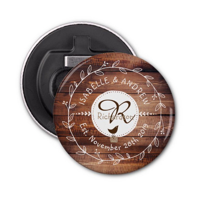 Abrebotellas Boda de Woodland Monograma Leaf Wreath Bird (Anverso)