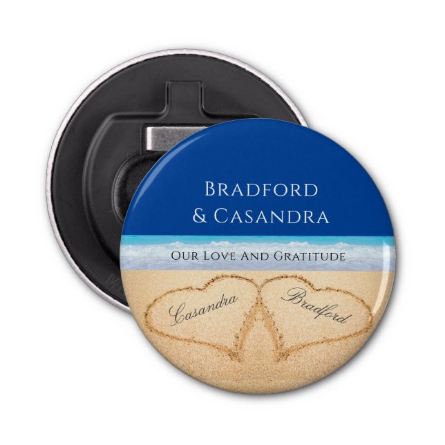 Abrebotellas Boda en la Playa de Azul Oscuro 2 Corazones en la  (Anverso)