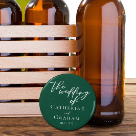 Abrebotellas Boda forestal de tipografía verde esmeralda