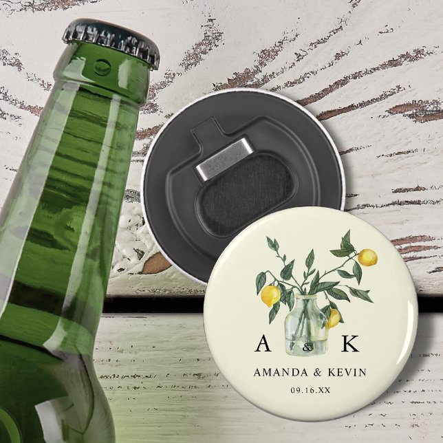 Abrebotellas Boda Monograma de Verdor de Limón de Citrus de Ver (Summer Citrus Lemon Greenery Monogram Wedding Bottle Opener)