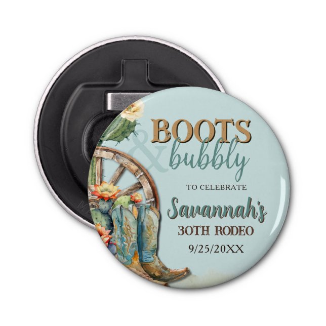 Abrebotellas Boots y Bubbly Country Cowgirl Aqua Cumpleaños (Anverso)