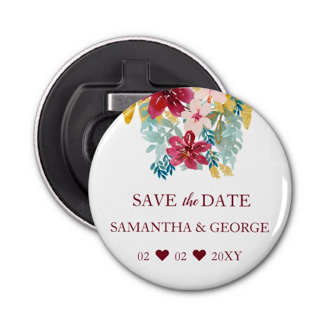 Abrebotellas Borgoña Marsala Gold Boda Botánico Floral (Anverso)