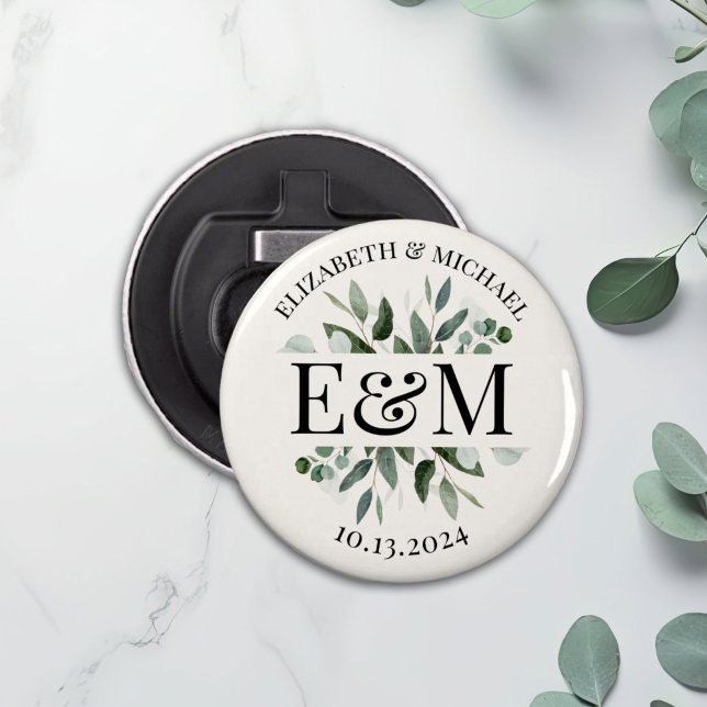 Abrebotellas botón Boda de energía verde eucalipto personalizad (Subido por el creador)