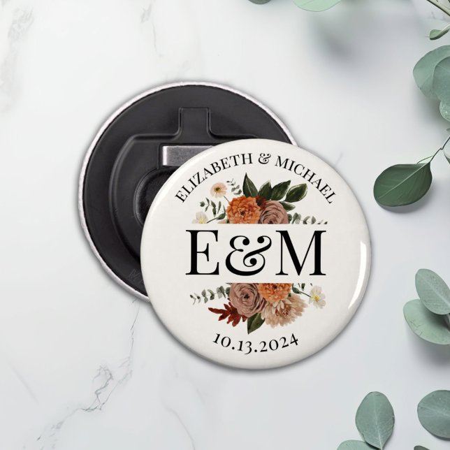 Abrebotellas botón de favor de boda floral de otoño personaliza (Subido por el creador)