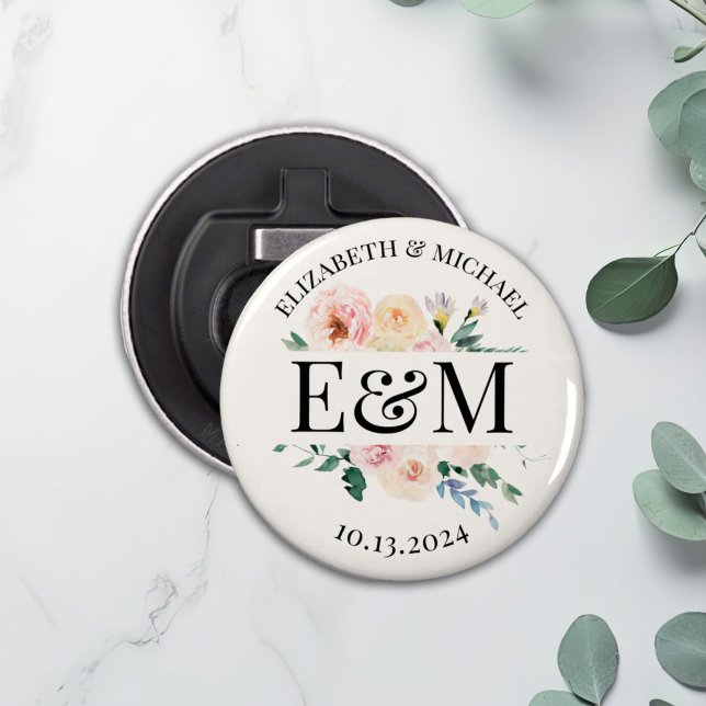 Abrebotellas botón de favor de matrimonio floral personalizado  (Subido por el creador)