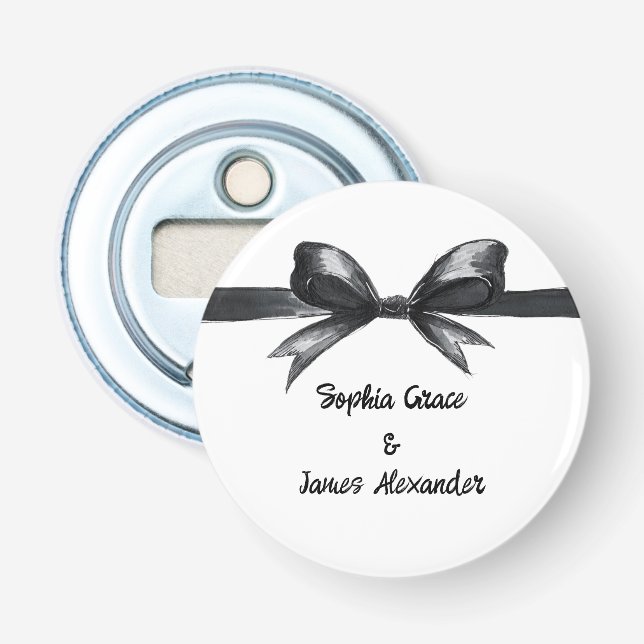 Abrebotellas Bow negro y blanco | Boda elegante | Monocromo (Anverso)