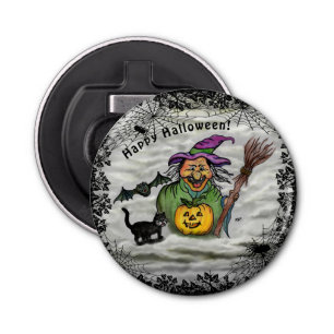 Abrebotellas Bruja, gato, murciélago y calabaza, ¡Feliz Hallowe