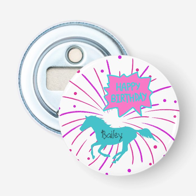 Abrebotellas Caballo Feliz cumpleaños Pink Purple Turquoise (Anverso)