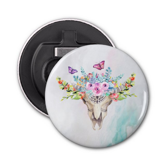 Abrebotellas Calavera animal Boho con mariposas y flores (Anverso)