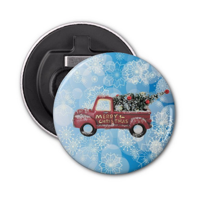 Abrebotellas camión de cosecha roja sobre fondo de copo de niev (Anverso)