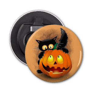 Abrebotellas Cat Fun Halloween Character biting a Pumpkin