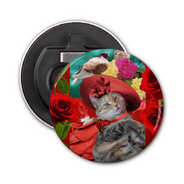 ABREBOTELLAS CELEBRITY CAT PRINCESS TATUS, GORRA ROJO CON PIGEO (Anverso)
