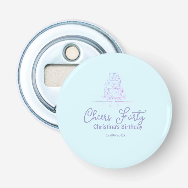 Abrebotellas Cheers forty happy birthday cake blue purple name  (Anverso)