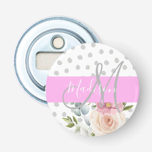 Abrebotellas Chic y femenino floral blanco rosa gris monograma