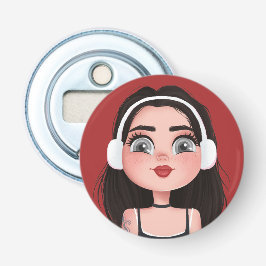 Abrebotellas Chica de dibujos animados con auriculares sobre ro