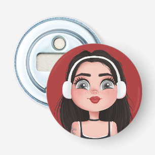 Abrebotellas Chica de dibujos animados con auriculares sobre ro