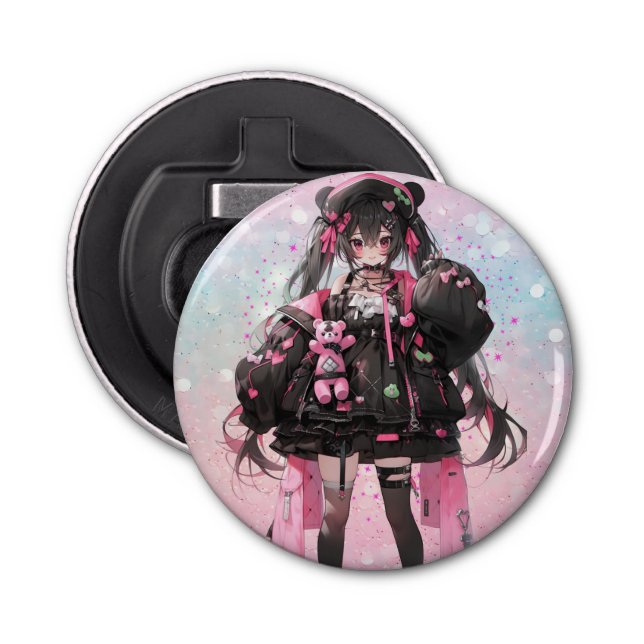 Abrebotellas Chica de Kawaii Anime con vestido rosa y negro (Anverso)