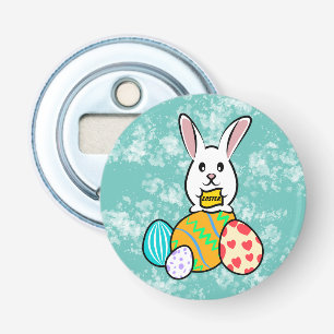 Abrebotellas Conejo de Pascua con pancarta en huevos de Pascua
