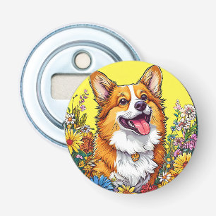 Abrebotellas Corgi encantador rodeado de flores coloridas