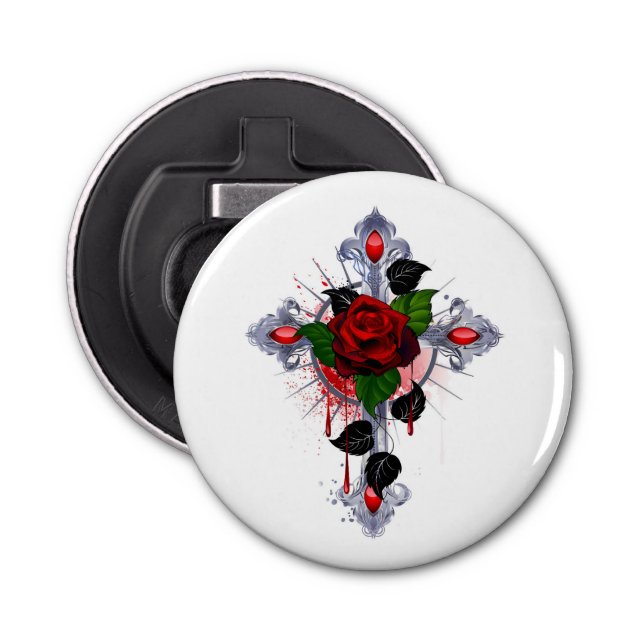 Abrebotellas Cruz de Plata con una Rosa Roja (Anverso)