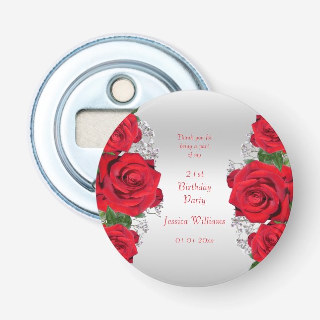 Abrebotellas Cumpleaños de hermosas rosas rojas románticas (Anverso)