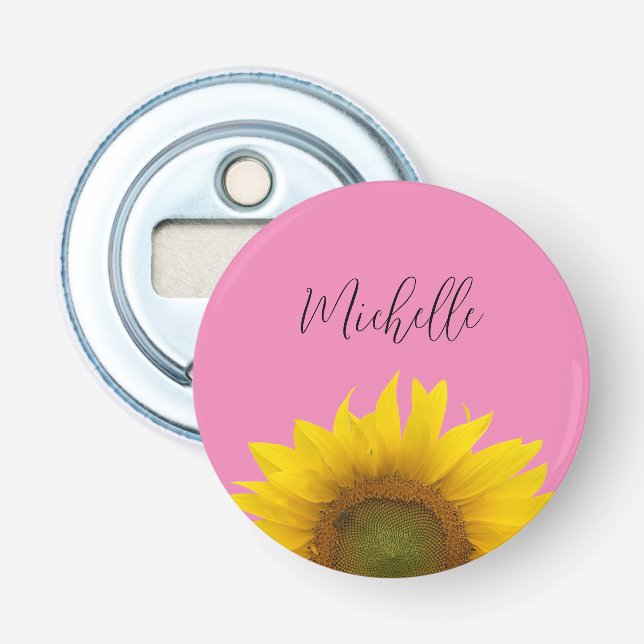 Abrebotellas Cuta de girasol amarillo personalizada rosa (Anverso)