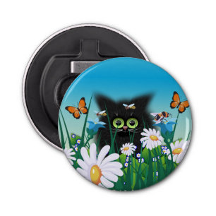 Abrebotellas Cute Fluffy Black Kitten y Daisies Art