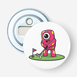 Abrebotellas Cute One-Eyed Pink Monster Playing Golf Cartoon