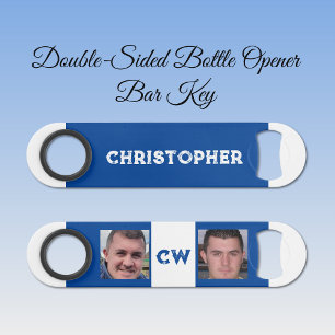 Abrebotellas De Bar 2 fotos nombre iniciales azul oscuro blanco