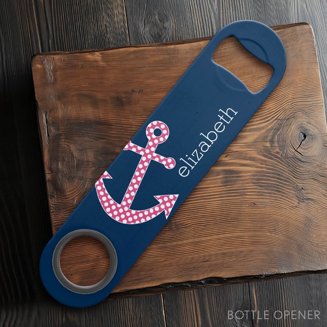 Abrebotellas De Bar Anclaje de puntos de polka rosado con nombre perso (Custom Bar Key)