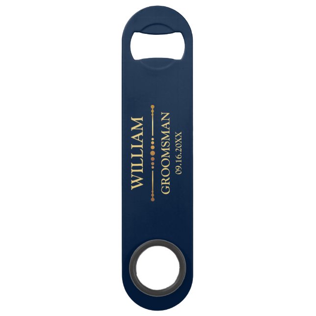 Abrebotellas De Bar Azul Oscuro y Dorado (Anverso)