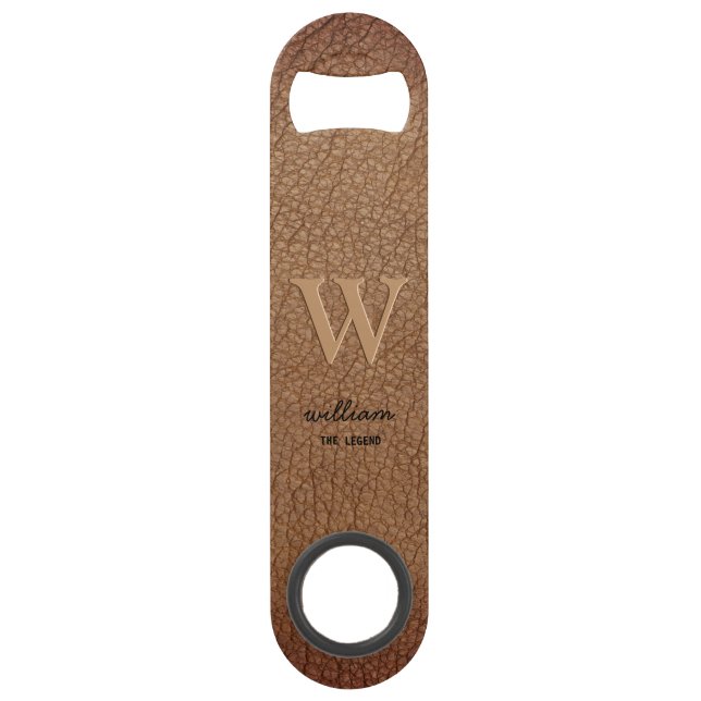 Abrebotellas De Bar Cuero marrón rústico Monograma guión elegante (Anverso)