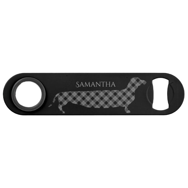 Abrebotellas De Bar Dachshund de la tela escocesa en negro (Anverso (Horizontal))