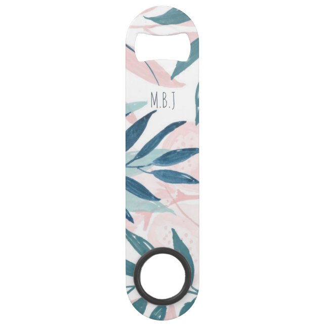 Abrebotellas De Bar Elegante acuarela Pastel Leaves Monograma (Anverso)