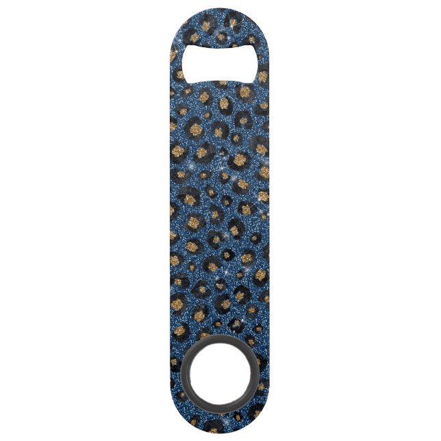 Abrebotellas De Bar Elegante Purpurina azul negro Leopardo de oro (Anverso)