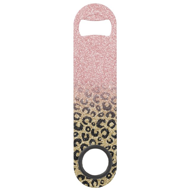 Abrebotellas De Bar Elegante Rosa Purpurina dorado Leopardo negro (Anverso)