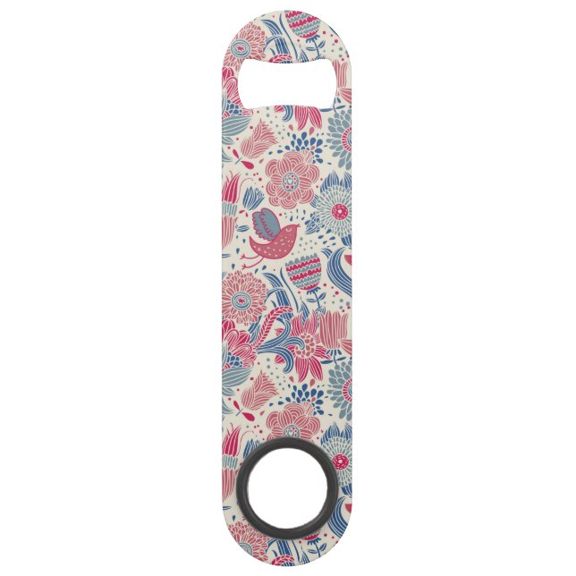 Abrebotellas De Bar Estampado de flores con el pájaro y la mariposa (Anverso)