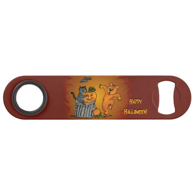 Abrebotellas De Bar Feliz Halloween con gatos, perro y araña (Anverso (Horizontal))