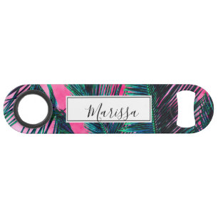 Abrebotellas De Bar Frondas tropicales verde azuladas rosadas de la