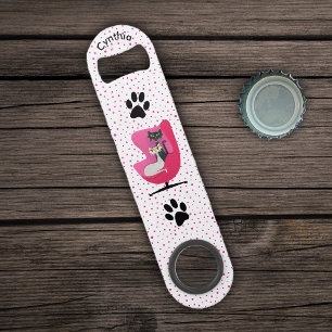 Abrebotellas De Bar Gatos atómicos en silla rosa con huellas de patas