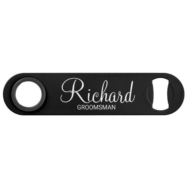 Abrebotellas De Bar Groomsman personalizado en blanco y negro moderno (Anverso (Horizontal))