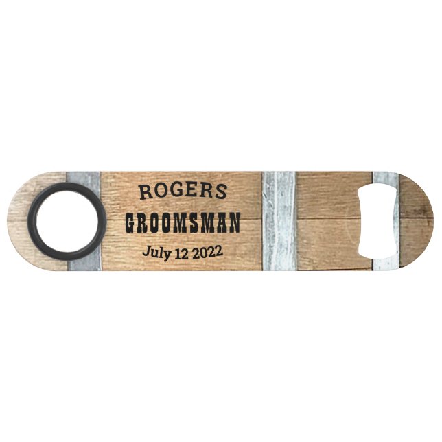 Abrebotellas De Bar Groomsman Whiskey Barrel personalizado (Anverso (Horizontal))