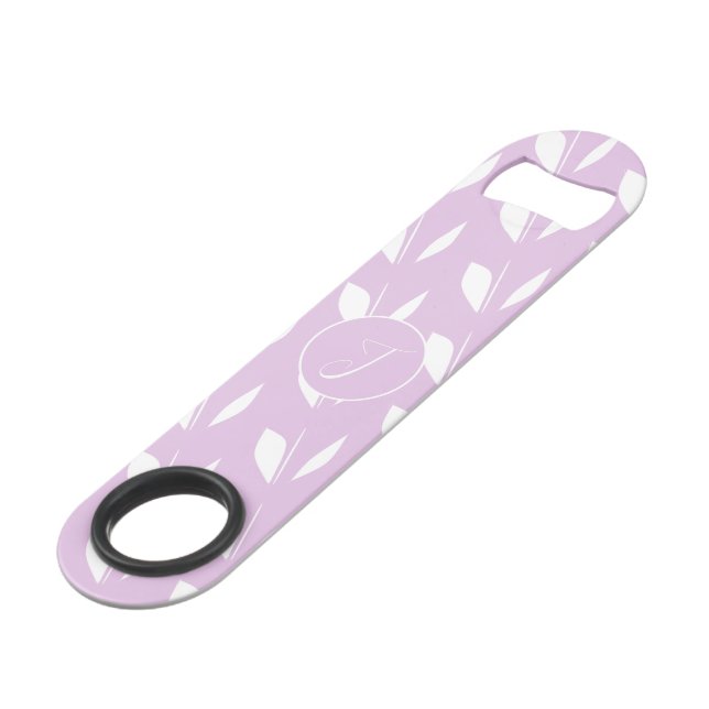 Abrebotellas De Bar hojas de silueta blanca inicial personalizado púrp (Ángulo frontal)