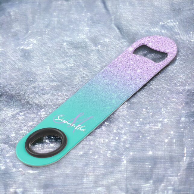 Abrebotellas De Bar Lavanda monograma moderno purpurina turquesa oscur (Modern monogram lavender glitter ombre turquoise bar key)