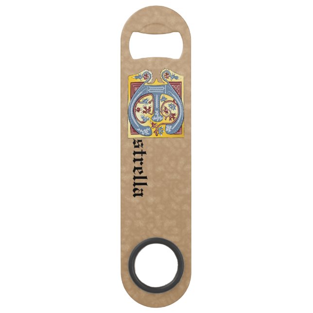 Abrebotellas De Bar Letra rectangular azul y roja marfil iluminada E (Anverso)