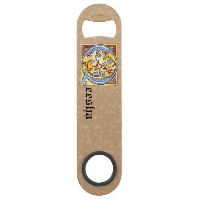 Abrebotellas De Bar Letra rectangular azul y roja marfil iluminada Q (Anverso)